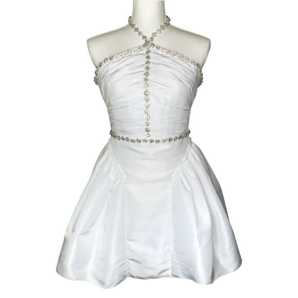 Self-Portrait White Taffeta Diamanté Embellished Trim Halter Neck Mini Dress - Picture 5 of 16